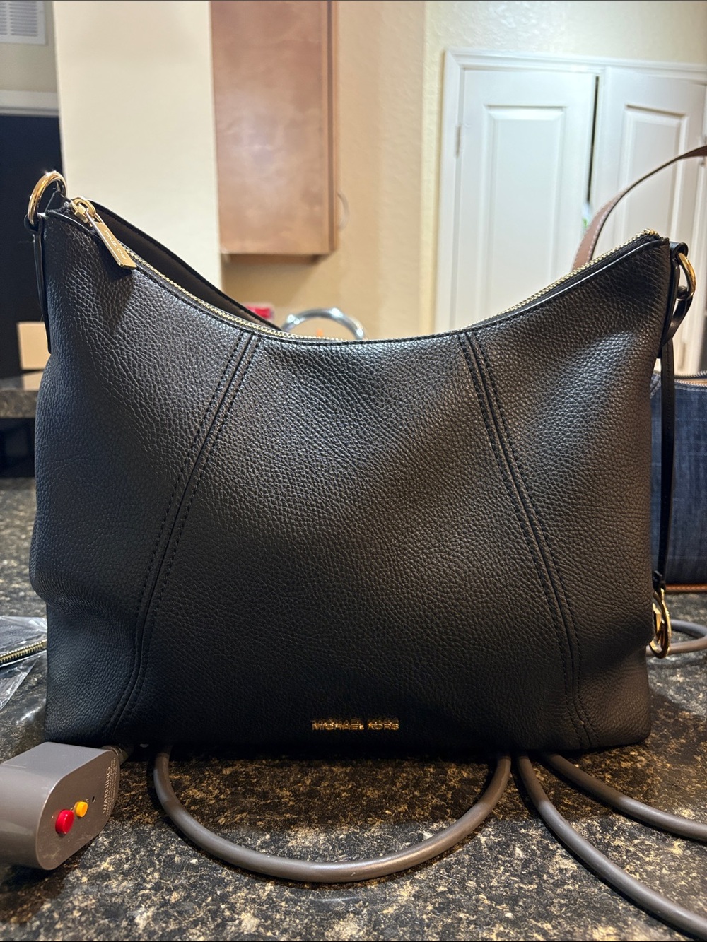 Michael Kors Black Pebbled Leather Shoulder Hobo with Gold Hardware